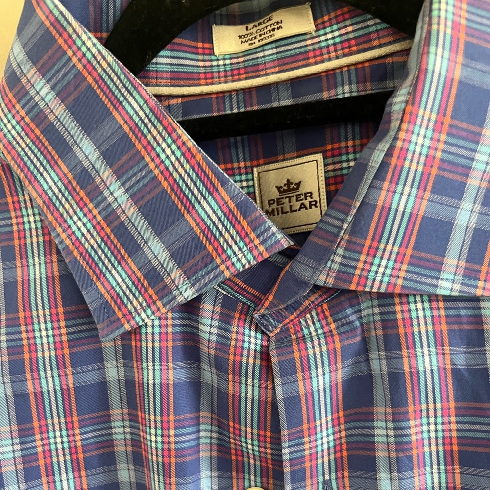 Peter‎ Millar long Sleeve Dress Shirt 100% Cotton Blue Orange White Pink Plaid - Picture 7 of 8